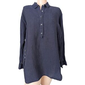 J McLaughlin Fallon Linen Tunic Top Women Large Linen Navy Blue Comfort Summer